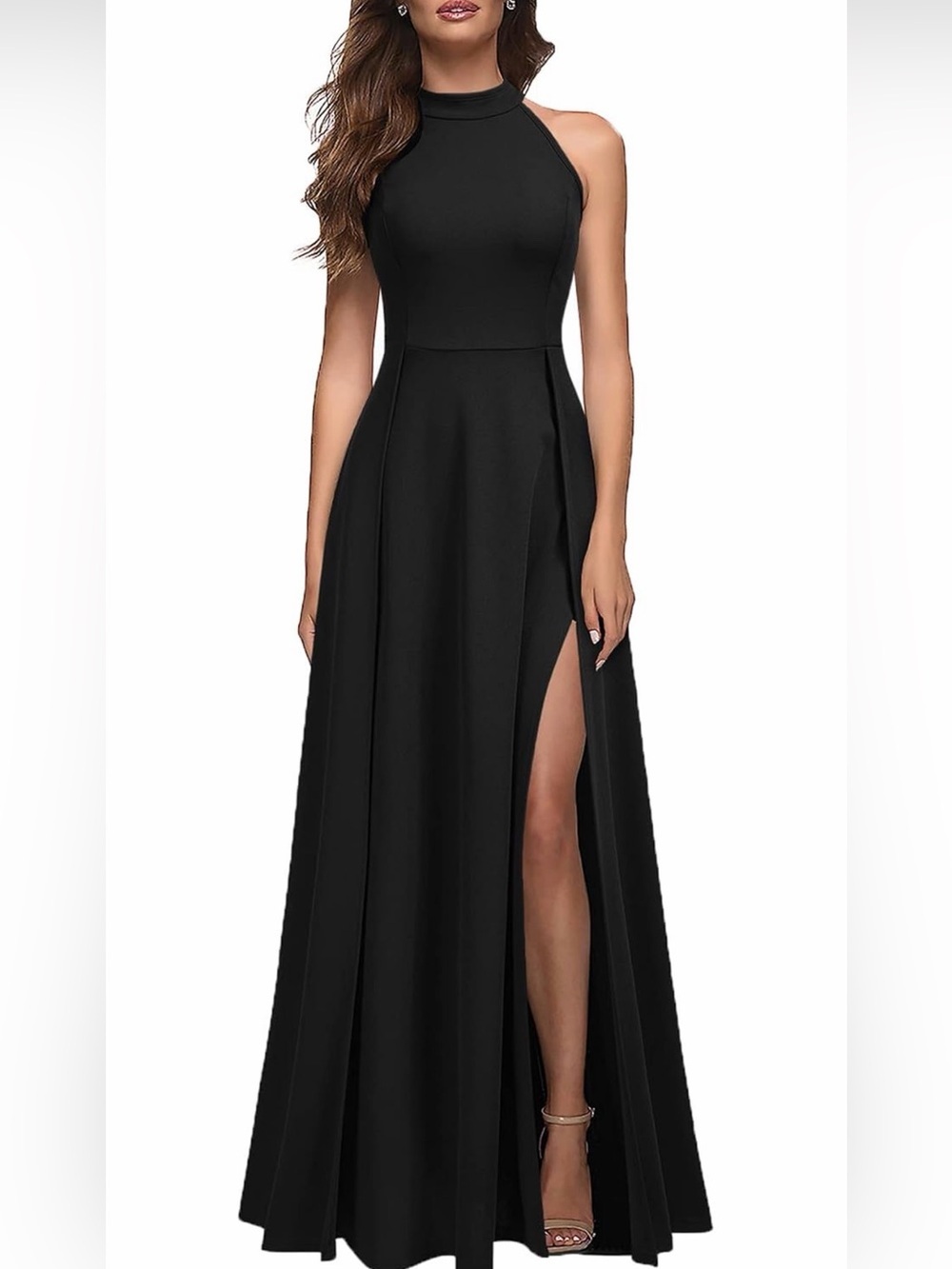 NWT Elegant Black Halter Maxi Dress with Side Slit, XXL